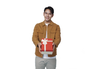 Happy Asian teen man smile with red gift box isolated on transparent png background. Teenage man in love, Receiving gifts from lovers. birthday and Valentines Day concept.