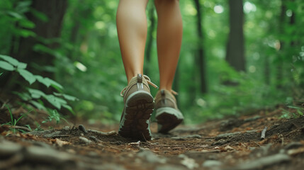 Close-up of female hiker feet walking outdoor.
