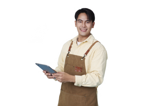 Portrait young asian barista man wearing apron holding tablet standing and smile isolated on transparent png background. waitress or entrepreneur cheerful, small business or startup, - Powered by Adobe