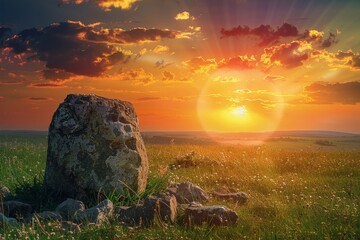 A rock on the ground, in the style of sunrays shine upon it, romantic landscape, richly colored skies, poetic pastoral scenes, rounded, solarizing master, eye-catching composition.