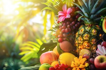 Tropical fruits in full sunlight, in the style of exotic fantasy landscapes, soft focus, detailed background elements, national geographic photo, alchemical symbolism, detailed botanical illustrations