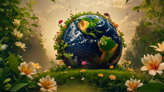 Happy earth day Video animation of surreal and artistic representation of Earth, surrounded by lush greenery and blooming flowers. The planet is depicted as if it’s part of a vibrant garden