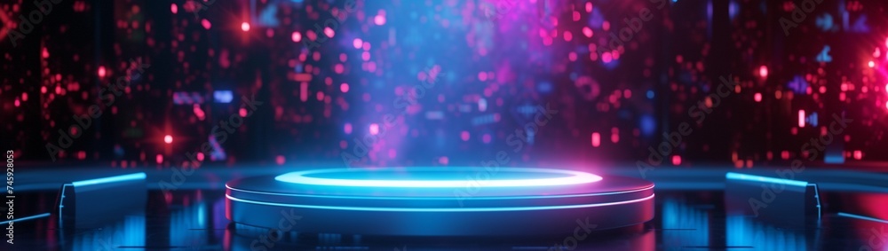 Poster a floating holographic podium displaying an innovative tech gadget with a futuristic backdrop.