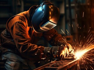 A skilled welder dressed in safety gear is seen diligently focused on a welding job, wearing a protective mask and using specialized tools to complete the task.
