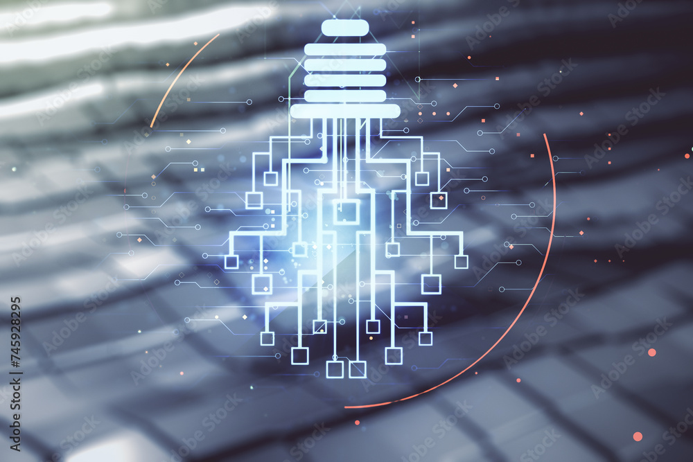 Leinwandbilder virtual creative idea concept with light bulb and microcircuit illustration on blurry abstract metal