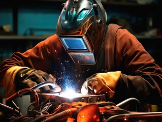 A skilled welder dressed in safety gear is seen diligently focused on a welding job, wearing a protective mask and using specialized tools to complete the task.