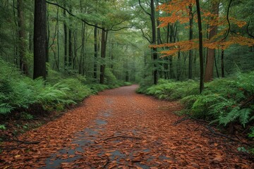 Naklejka premium Autumnal Forest Path: Copper Leaves & Verdant Ferns