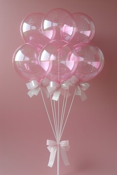 Foto ramo 6 globos transparentes rosas flotando fondo claro, lazo blanco, amor, aniversario, celebraci&oacute;n, popurr&iacute;, invitaciones decoraciones emotivas, presentaci&oacute;n bautizo bodas ni&ntilde;as, bebes, nacer