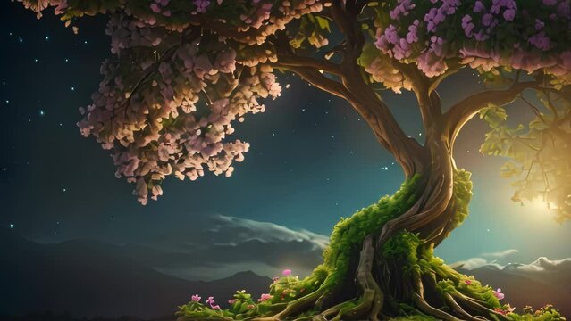 Happy earth day Video animation of magical night scene where a large, beautifully blossoming tree stands majestically against a backdrop of mountains and a starry sky
