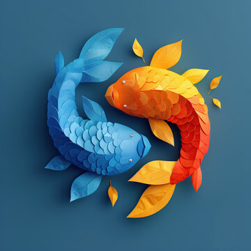 signo piscis zod&iacute;aco 2 peces uno azul y otro naranja enfrentados, fondo azul marino. Recurso gr&aacute;fico, ying & yang, s&iacute;mbolo, dise&ntilde;o papel, arte decorativo circular. 