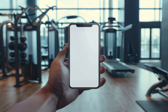 Image of smartphone with blank transparent screen, in hand by the gym with exercise equipment environment furnishings.