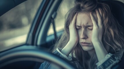 Closeup portrait of a female driver sitting very upset inside of a car and hold his head with hand
