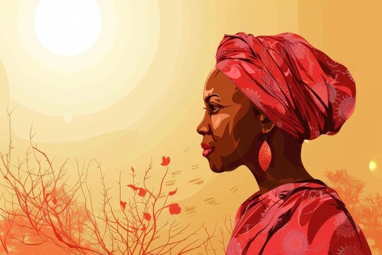 African woman, portrait art in the style, in the style of romantic illustration, red and amber, traditional landscapes, illustration, pink and orange, solarization, International Widows Day.