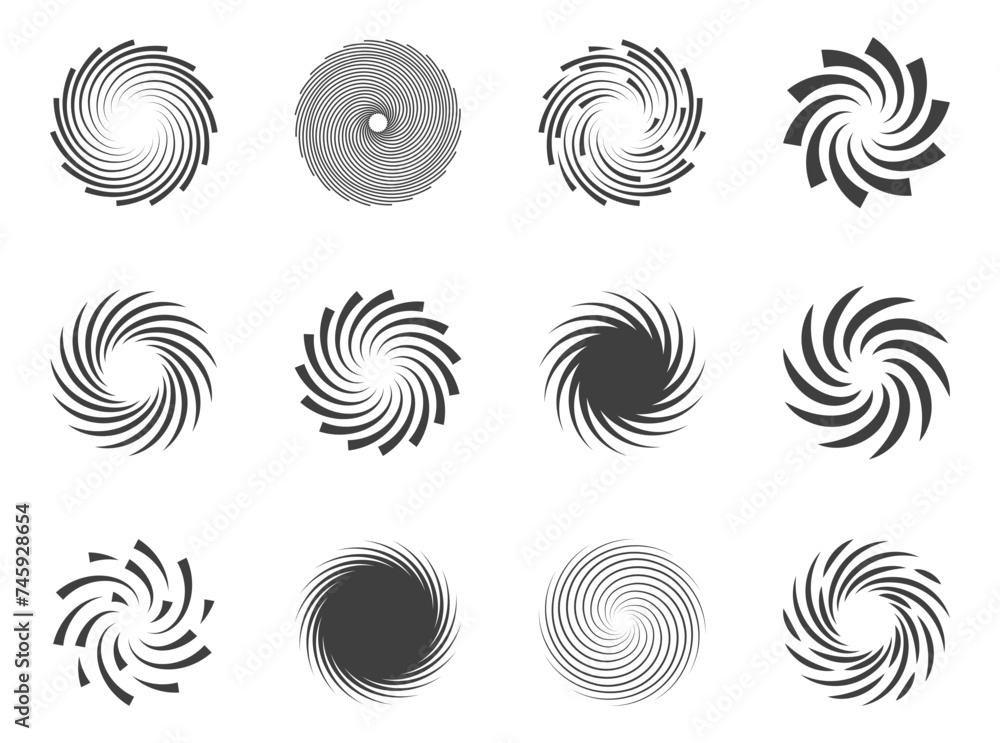 Poster spiral and swirl motion twisting circles design element set