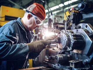 Skilled workers in protective gear using precision lathes to drill machine parts in a busy industrial production facility, emphasizing workplace safety and efficient manufacturing processes.