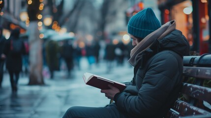Person reading a book on city bench in winter, urban life and relaxation, candid street photography
