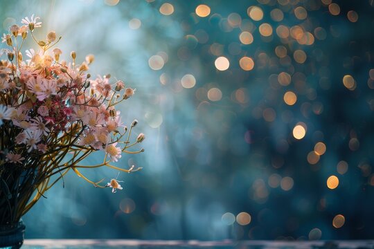 Bokeh background of flowers sitting in a vase, in the style of light bronze and sky-blue, spectacular backdrops, glittery and shiny.