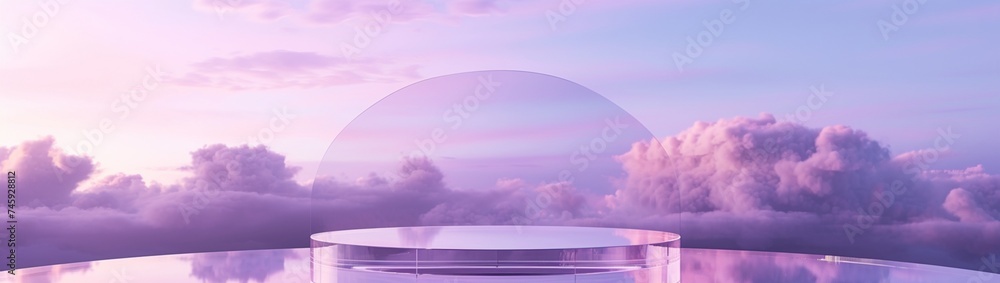 Poster a front view of a transparent podium with a blank space, set against a purple gradient cloudy sky ba