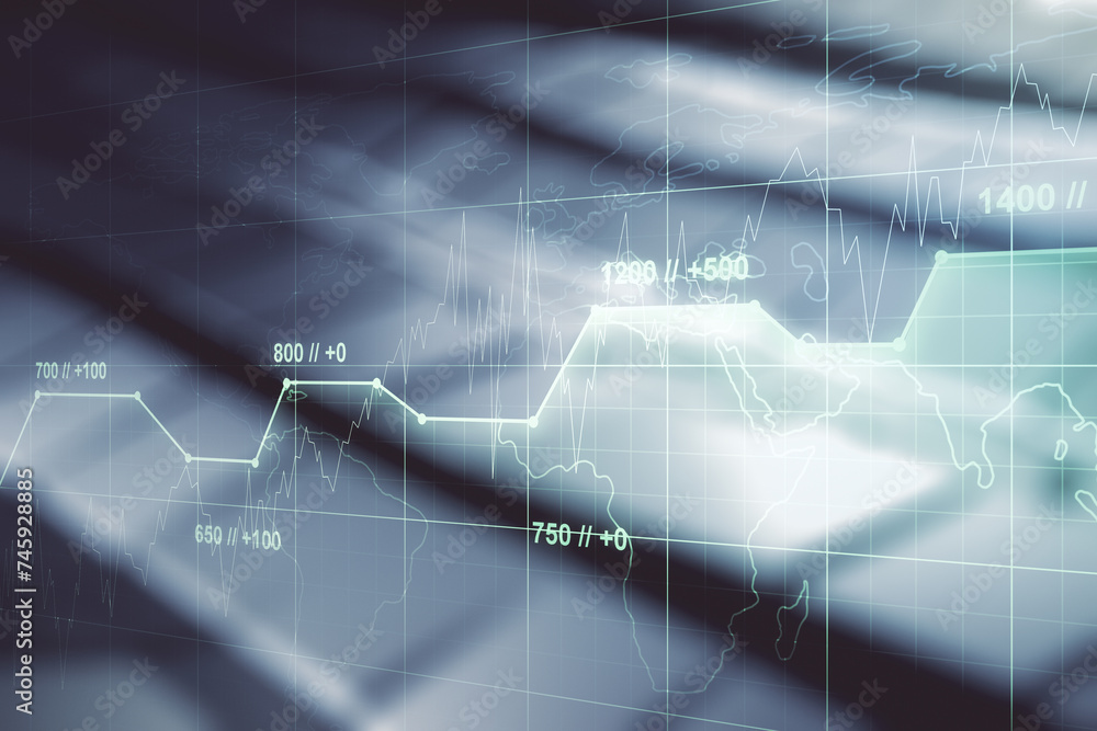 Poster multi exposure of abstract statistics data hologram interface on shiny metal background, computing a