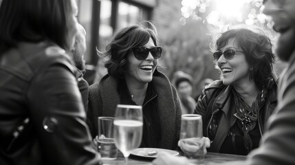Friends laughing together at outdoor cafe, casual meet-up, socializing over drinks, candid moments, monochrome.
