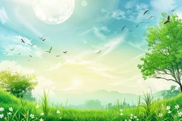Poster Wallpaper of a greenery daytime landscape, in the style of romantic illustration, luminous skies, clear and precise bird art, uhd image, pictorial space, free brushwork, World Environment Day. © Faris