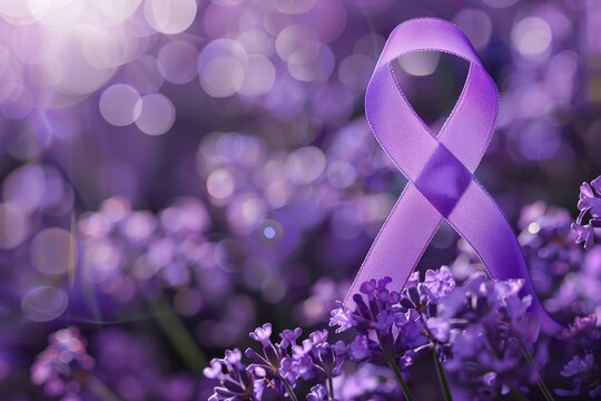 A purple ribbon of awareness against purple flowers, in the style of light-focused, tonal palette, tenebrism-inspired, monochromatic palette, World Elder Abuse Awareness Day. - Powered by Adobe
