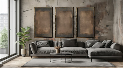 Blank poster wooden mock up frames on the wall in living room interior. 