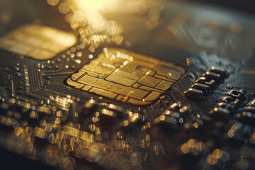 Low key macro shot with old credit card. Close up of chip for secure payment.