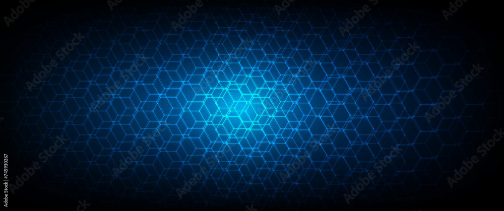 Poster dark gray and blue technology hexagonal vector background. abstract blue bright energy flashes under