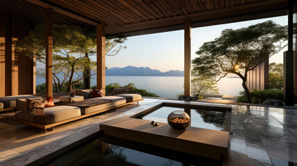 Fototapeta premium 3D render interior design concept, Tranquil Japanese Resort by the Lake Natural background: A Serene Retreat and Relax with private Onsen space. travel and vacation background