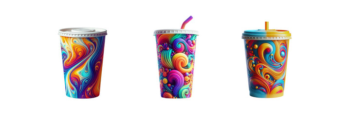 Fototapeta premium Set of drink cup mockup preview image, in the style of colorful, illustration, isolated over on transparent white background