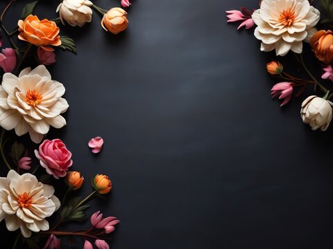 Beautiful flowers on black background, flat lay. Space for text