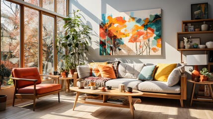 3D Render Creating a Cozy and Beautiful Living Room: Design Ideas with Vintage Pop Color and Mid Century Modern Style for Resident's Relaxation in Sunny Light. - obrazy, fototapety, plakaty