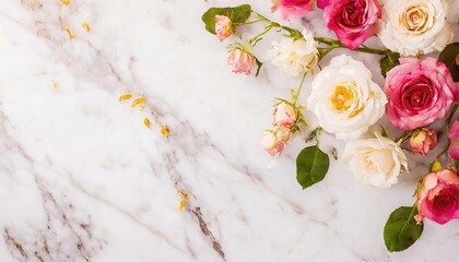Roses scattered on a white Carrara marble, emphasizing contrast and elegance. Valentines, mothers day
