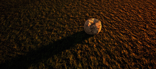 Worn old football on artificial grass. Lit by sunlight. - 745930888