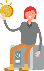 Woman Character Sitting on Safe and Holding Dollar Coin
