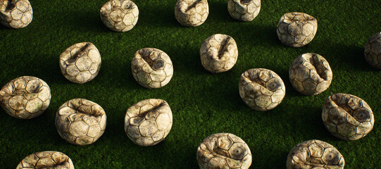 A collection of worn old footballs on artificial grass. Lit by sunlight. - 745931043