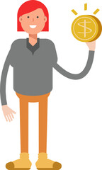 Woman Character Holding Dollar Coin
