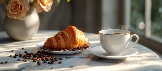 Inviting image presenting a croissant with a cup of coffee among scattered beans on a marble surface