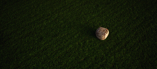 Worn old baseball on artificial grass. Lit by sunlight. - 745931082