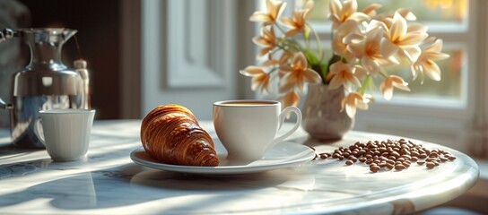 Obraz premium Warm morning light bathes a tabletop with a fresh croissant and steaming cup of coffee next to a window
