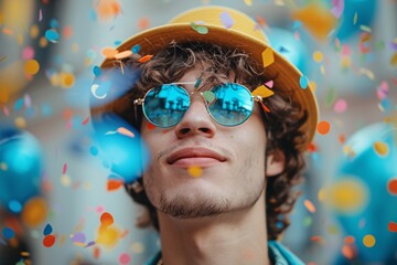 Vibrant confetti frozen mid-air in celebration, with a blurred out person wearing a yellow hat symbolizing joy and festivity