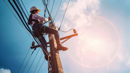 High voltage power female electrician works in live wires on a high pole. On a quest for reliable power, a woman conquers towering heights.