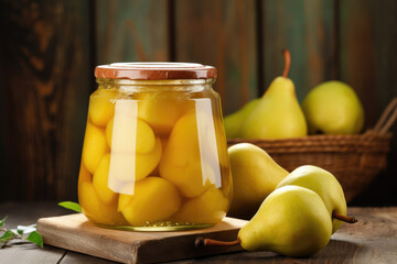 Canned pears. Jar with canned pears and fresh pears on wooden table	
