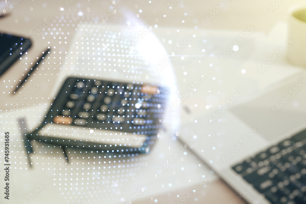 Poster multi exposure of abstract creative digital world map hologram on blurry calculator with laptop back