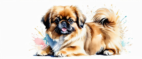 A pekinese dog sticking out its tongue cutely. Portrait of brown dog. Watercolor style animal illustration.