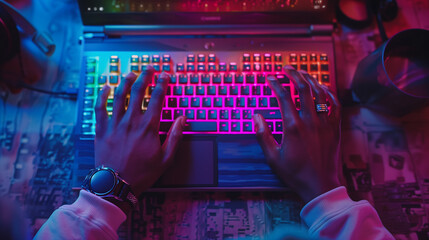 The hands of a black male use an RBG backlit keyboard while gaming in the evening. Futuristic.