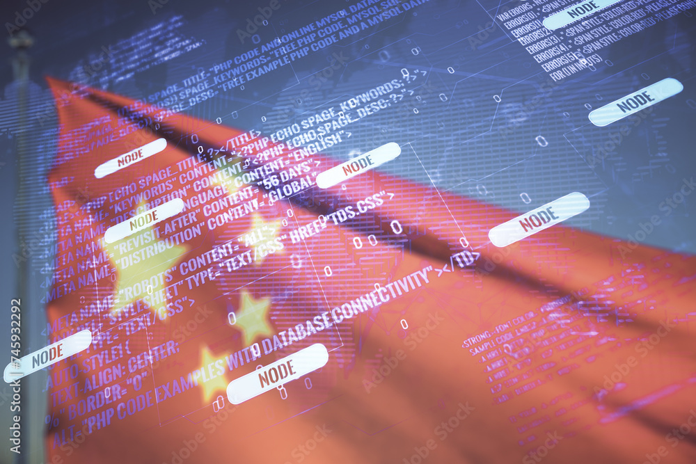Aufkleber multi exposure of abstract programming language hologram and world map on flag of china and blue sky
