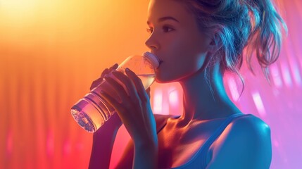 Portrait of a sportive woman holding water bottle preparing to drink it on isolated color background
