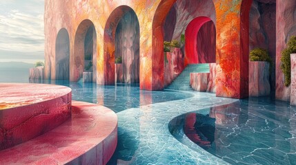 Digital artwork of a futuristic tunnel with vibrant neon waterfalls and a reflective water surface creating a captivating light show.
